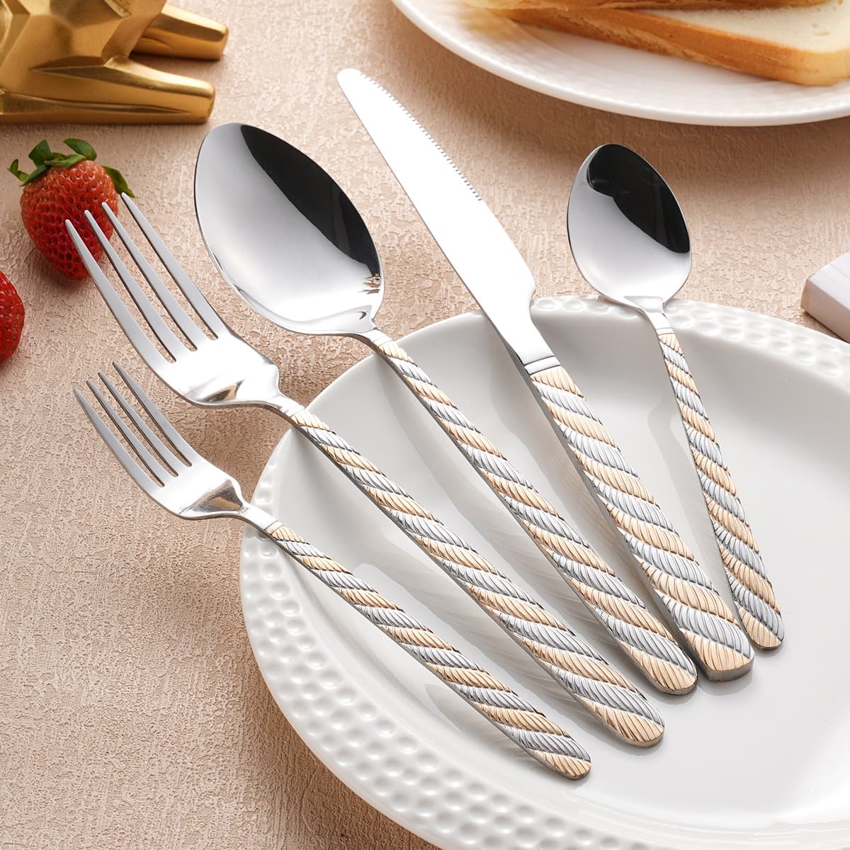 Stainless Steel Twisted Handle Western Steak Knife, Fork, and Spoon Set with Rope Embossed Pattern, Wholesale Spoons