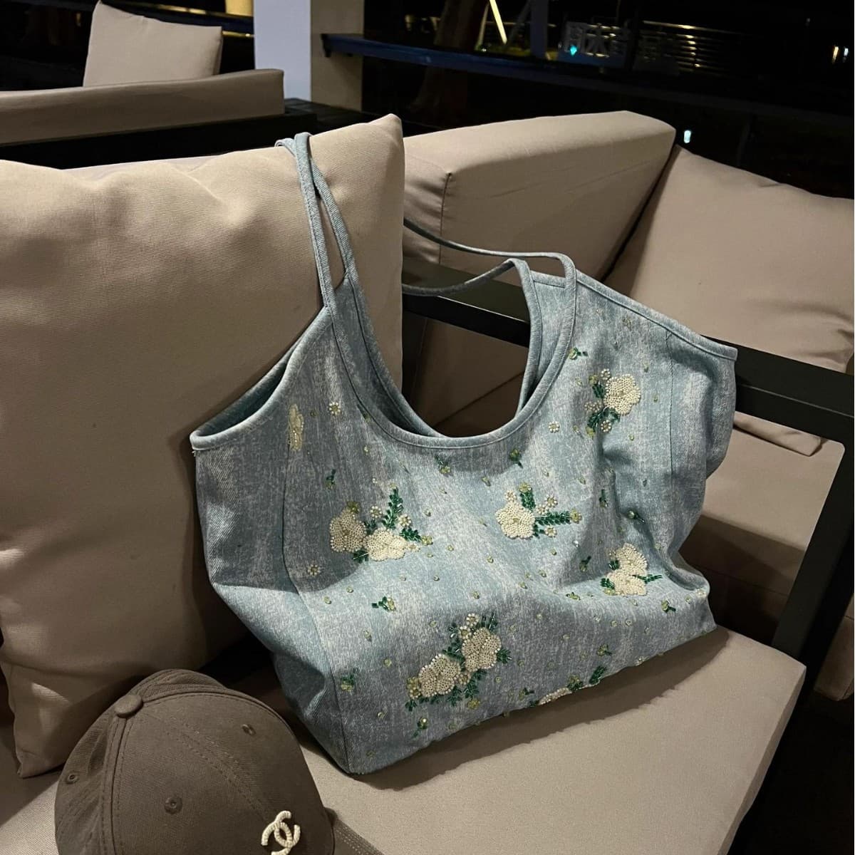 Heavy-Duty Thousand-Needle Embroidery Denim Handbag for Women 2025 Summer New Style Casual Versatile Large Capacity Commuter Tote Bag