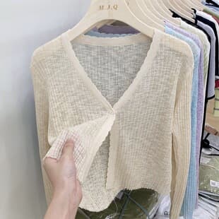 Summer Knitted Sun Protection Cardigan Top, Women's Summer Thin Ice Silk Cardigan, Long Sleeve, Black, Outer Wear, Short Air Conditioning Jacket