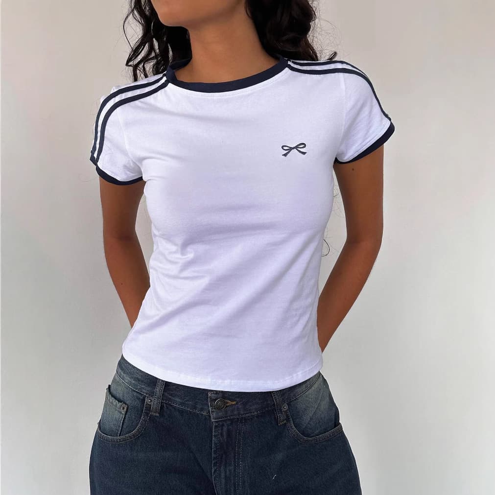 Women's Bow Embroidery Gothic Crop Top Streetwear Vintage Casual Short Sleeve T-Shirt Y2K Clothing