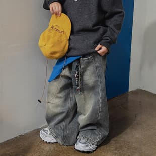 Xin'er 2025 Winter New Blue-Gray Distressed Spray-White Fleece-Lined Jeans, Loose Straight-Leg Pants Boy Winter Long Pants