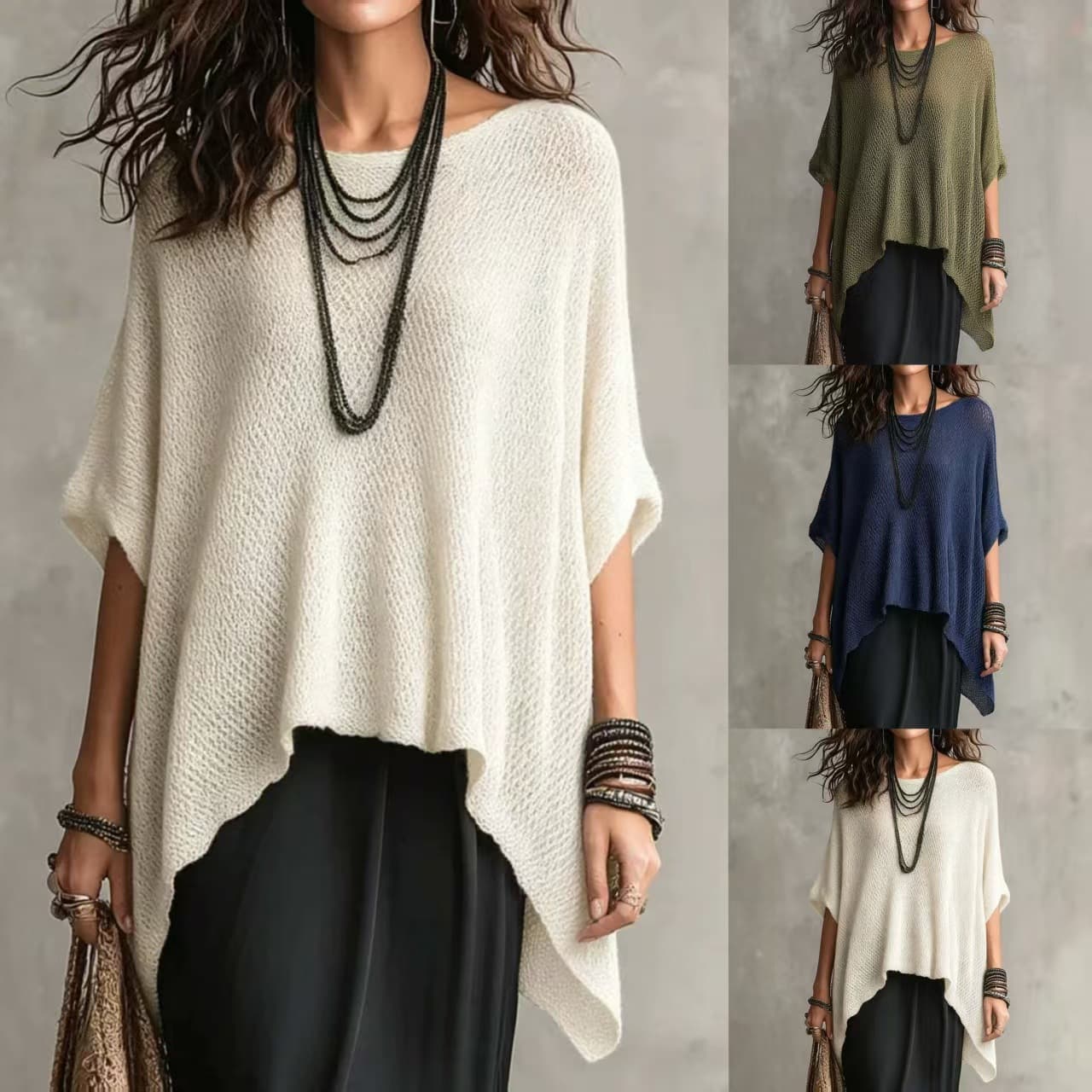 2026 Summer New Style European and American Hollow-Out Knit Sweater with Irregular Hem and Batwing Sleeves, Thin Top for Women