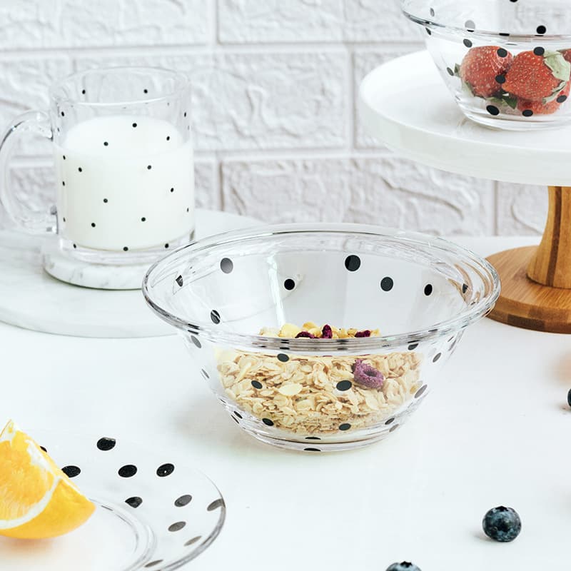 Small fresh polka dot series glass tableware set, ins-style bowls, plates, cups, oatmeal bowl, breakfast cup, cereal bowl.