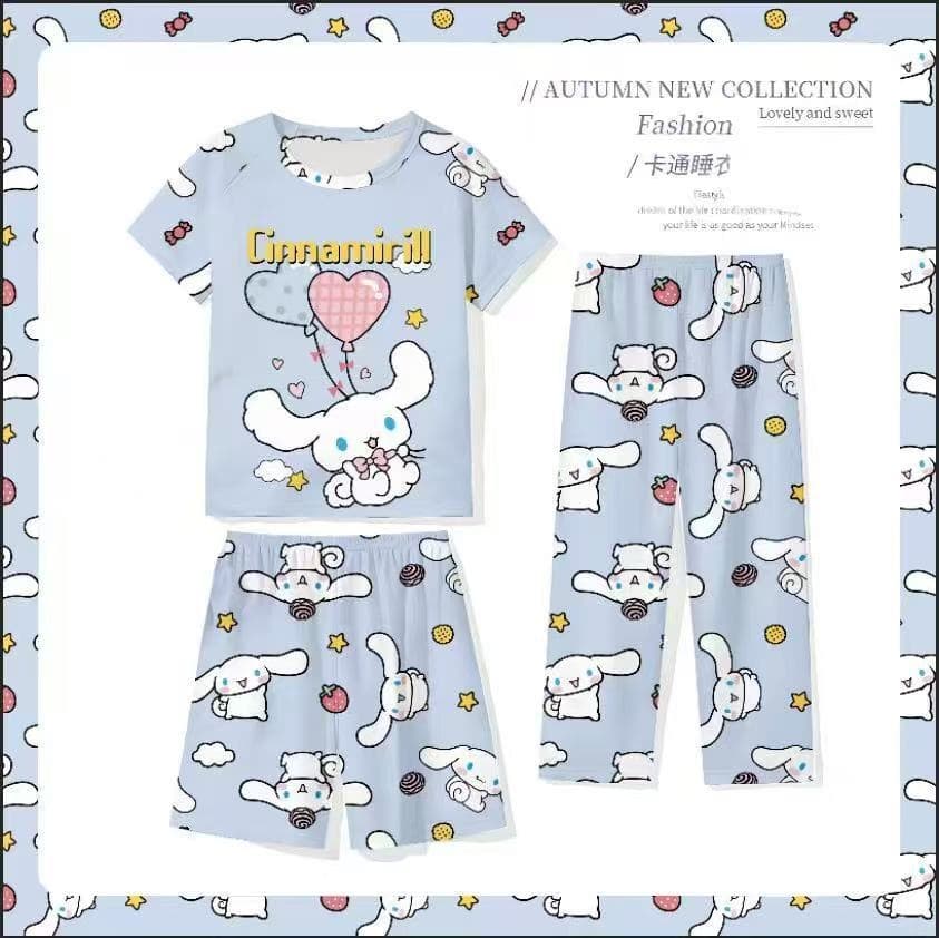 Summer Pajamas for Girls Short Sleeve Cartoon 3-Piece Set, Thin Fabric for Teenage Middle School Students, Homewear and Outwear