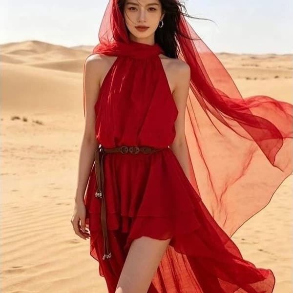 Summer new women's sleeveless ruffled dress, short before vacation, long back belt, desert photo shoot