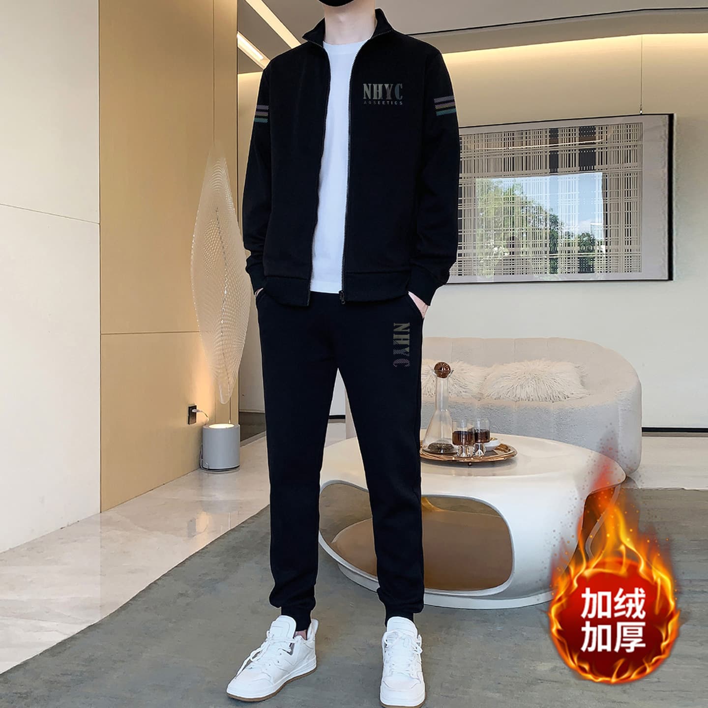Casual suit men's autumn and winter new stand-up collar cardigan jacket top trousers sports fashion trend two-piece set