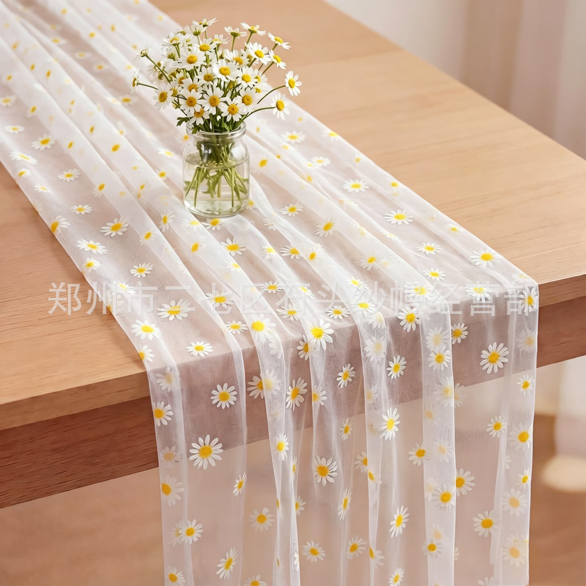 Amazon Cross-border Tulle Lace Table Runner with Large Daisy Floral Pattern, Rustic Style for Weddings and Banquets, Wholesale