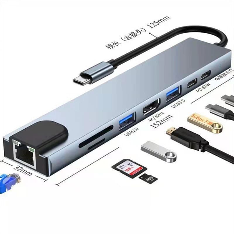 8-in-1 Type-C to HDMI Adapter with Ethernet, Type-C Multi-Function USB Hub Docking Station