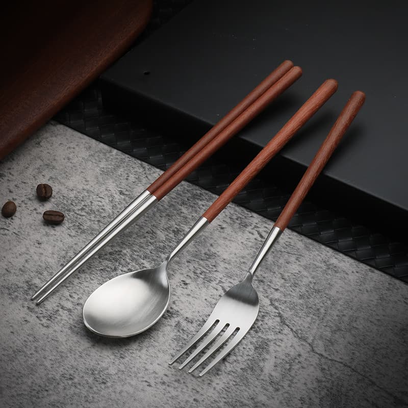 New 304 Stainless Steel Retro Wooden Utensils: High-End Satin Finish Home Use Student Fork, Spoon, Chopsticks, Dessert Spoon, and Chopsticks