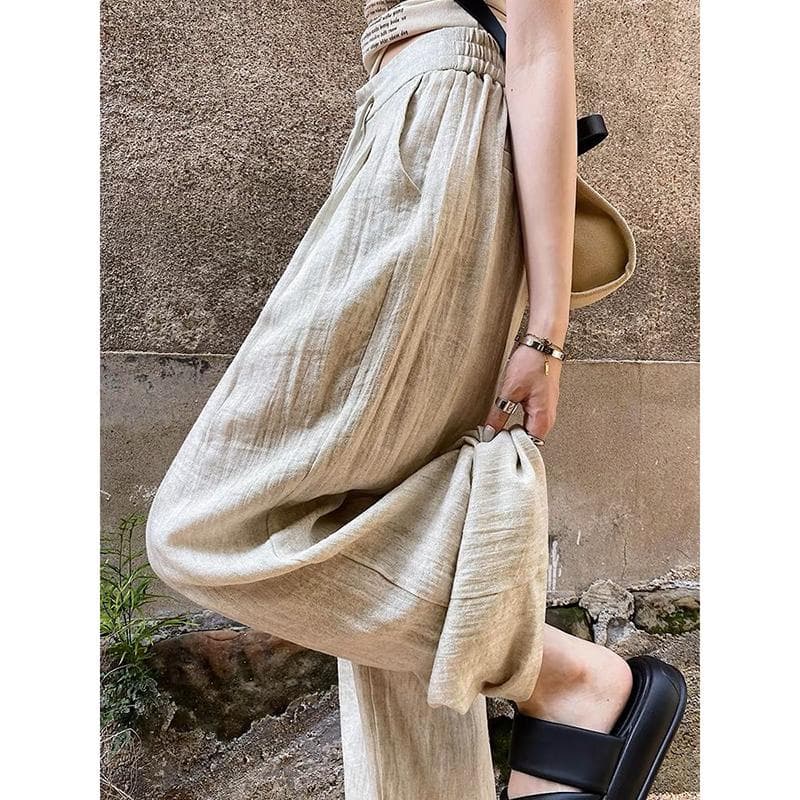 Women's High-Waist Flowy Linen-Blend Wide-Leg Pants with Textured Cotton-Linen Feel, Casual Long Trousers