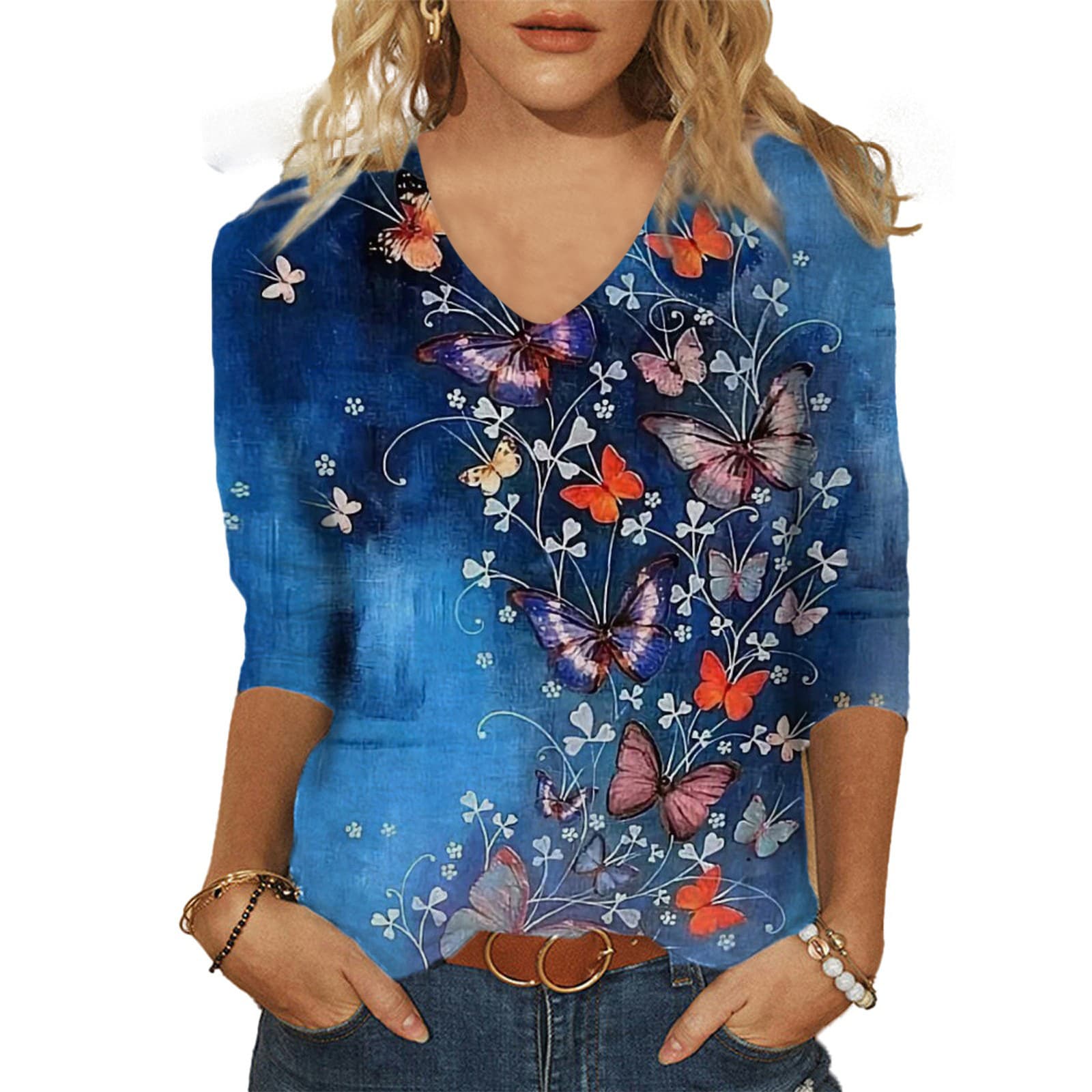 2025 cross-border Amazon women's casual printed V-neck 3/4 sleeve T-shirt tops in stock