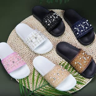 Custom 2022 Summer Rhinestone Flat One-Strap Slippers, Chanel-Style High-Heel Women's Sandals, Non-Slip Comfortable Rhinestone Inlay