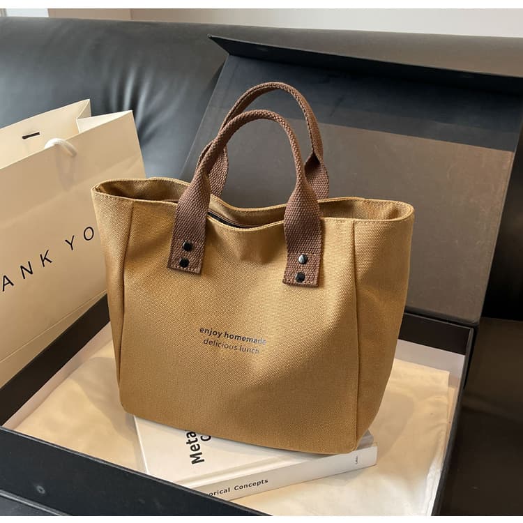 Versatile Canvas Solid Color Tote Bag Japanese Style Lunch Bag for Moms Office Workers Going Out Simple Contrast Color Handle Lunch Box Bag
