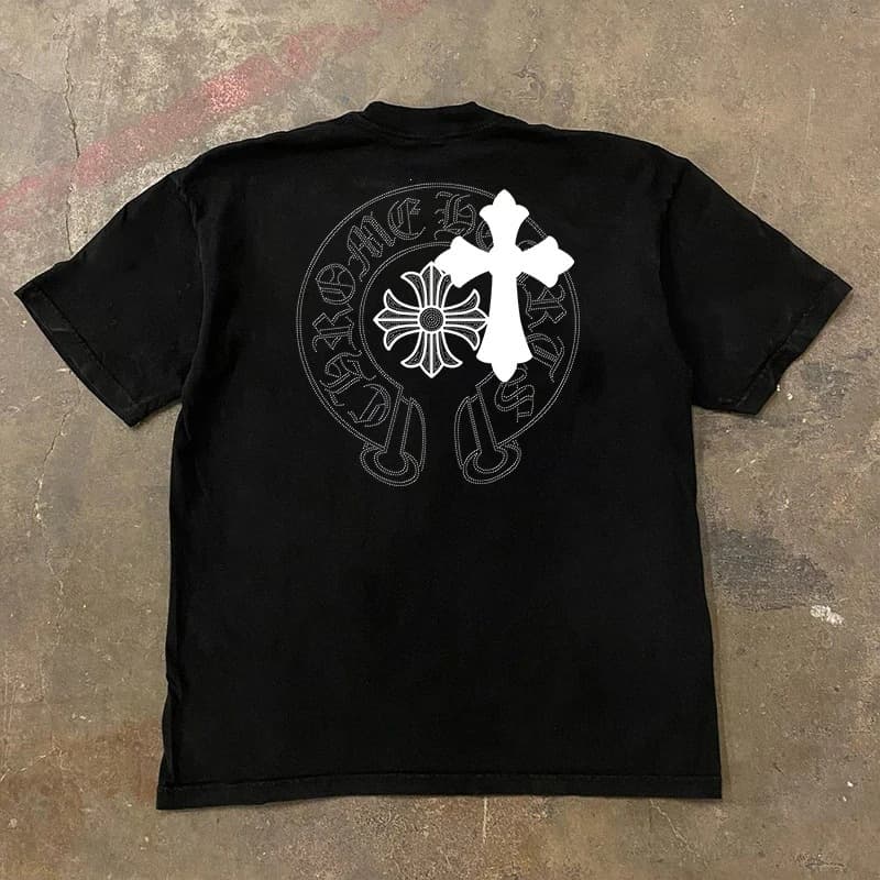 Short-sleeved t-shirt men's t-shirt heavy cross print t-shirt Harajuku yk casual o-neck short-sleeved for both men and women