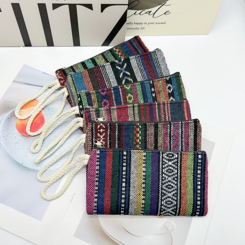 Retro Ethnic Style Phone Bag Women's Coin Purse Wrist Bag Simple Clutch Striped Fabric Bag Factory Wholesale