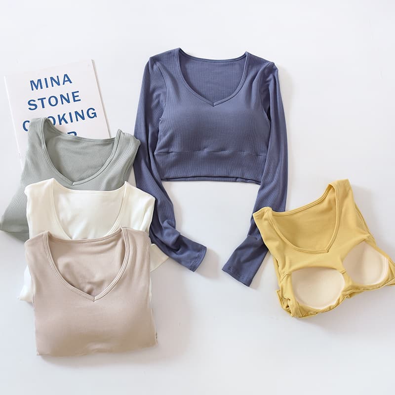Spring Women's Heart Collar Base Shirt Belly Button Long Sleeve Short Style Inner Wear Slim Fit Elastic Chest Pad Underwear