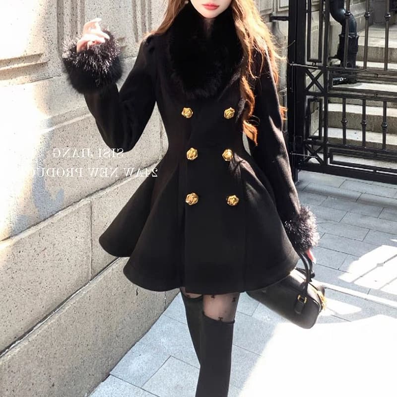 French Hepburn Style Elegant Faux Fur Collar Black Dress for Women Autumn Winter Waist-Cinching Double-Breasted Chic Woolen Short Dress