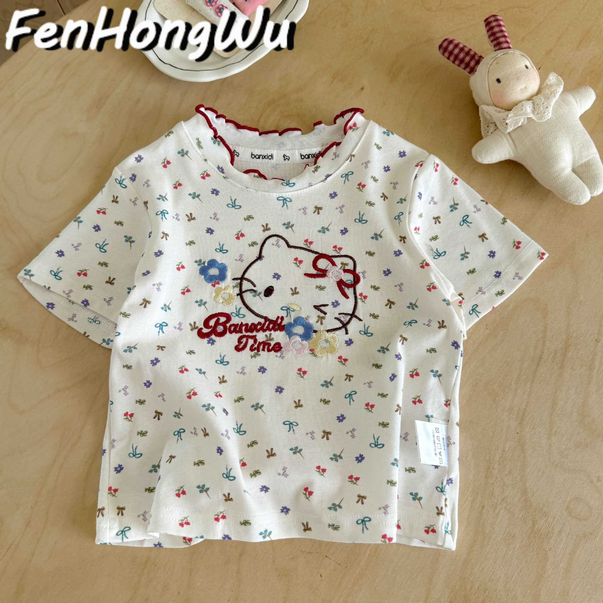 [Pink House] Girls summer style embroidered short-sleeved baby girl lace collar cute cartoon casual kitten top