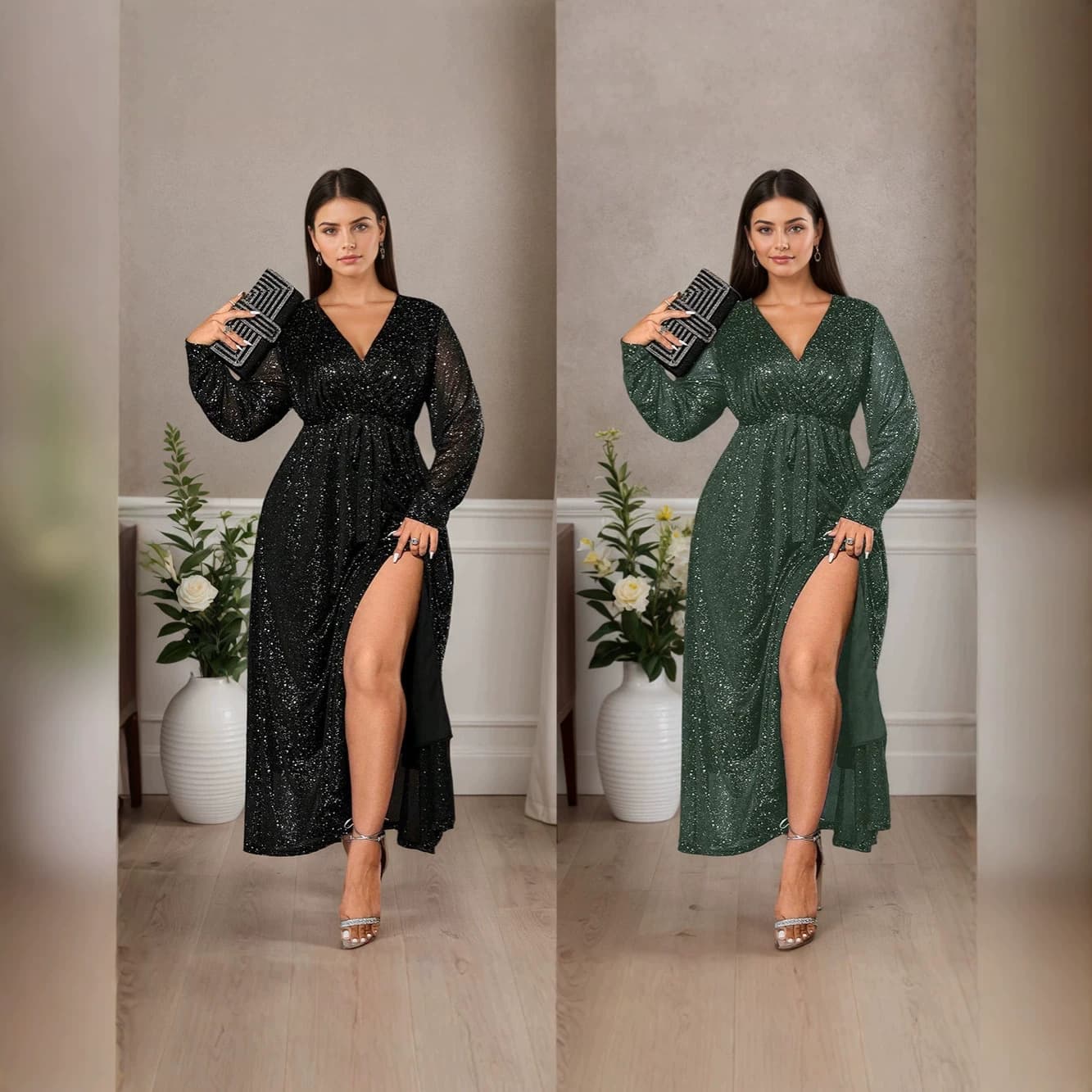 European and American Cross-Border Plus Size Amazon Women's Dress V-Neck Long Sleeve Evening Gown Sexy Slit Dress Spring Autumn Long Dress