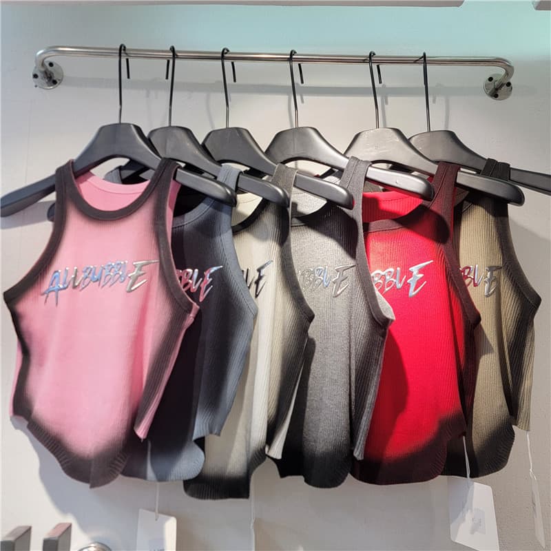 American-Style Spicy Girl Lettered Tie-Dye Knitted Tank Top for Women, Summer Outerwear Dopamine Ice Silk Camisole Sweet and Spicy Sleeveless Crop Top