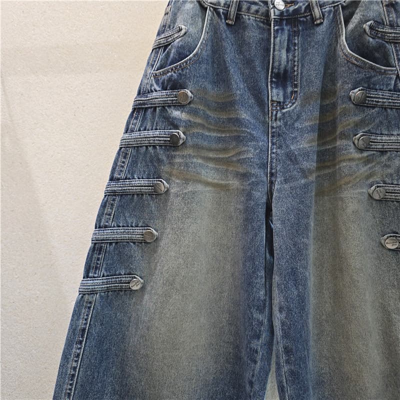 American Heavy-Duty Multi-Button Workwear Jeans for Women, Vintage Washed Distressed Side Webbing High-Waist Loose Wide-Leg Pants