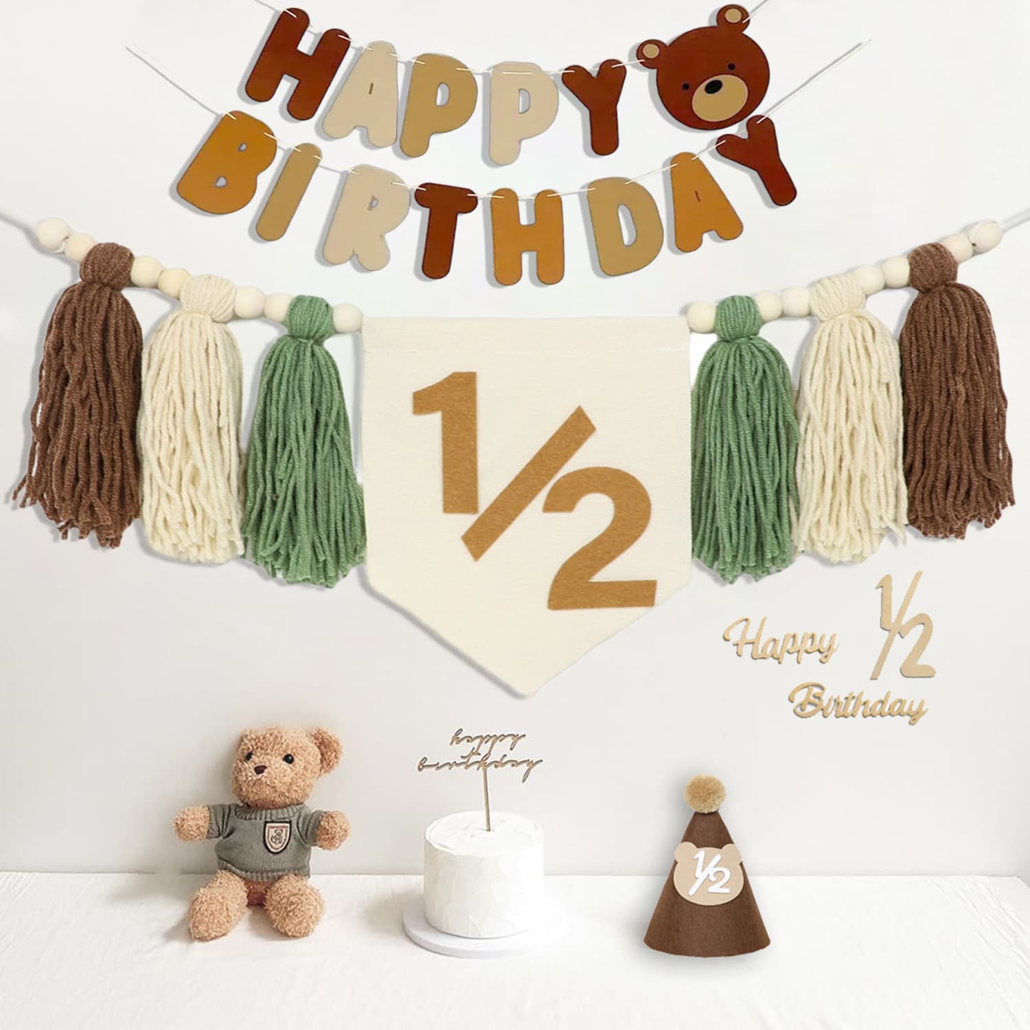 Cross-border Hot Selling Bear Theme Birthday Fringe Banner Birthday Cone Hat Half-Year Birthday Party Decoration