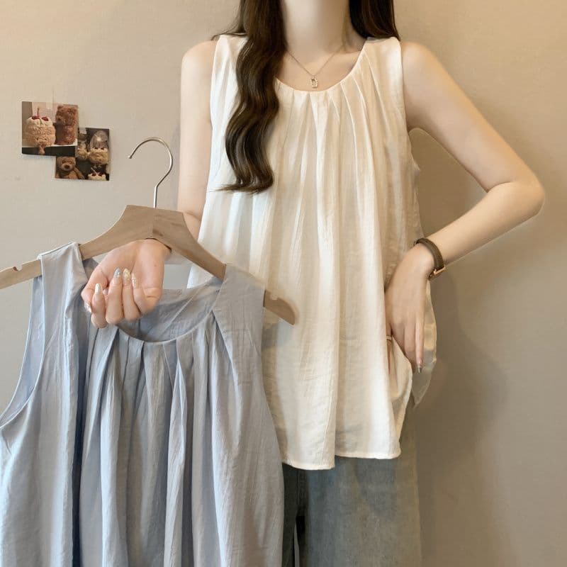 Plus Size Crew Neck Sleeveless Top Women Summer New Loose Slimming Meat Covering Women's T-shirt Polyester Fiber Casual Wear