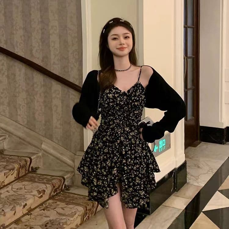 Improved Model Summer Black Floral A-Line Mini Skirt High Waist V-Neck Sleeveless Vintage Artistic Chinese Style Polyester Fabric