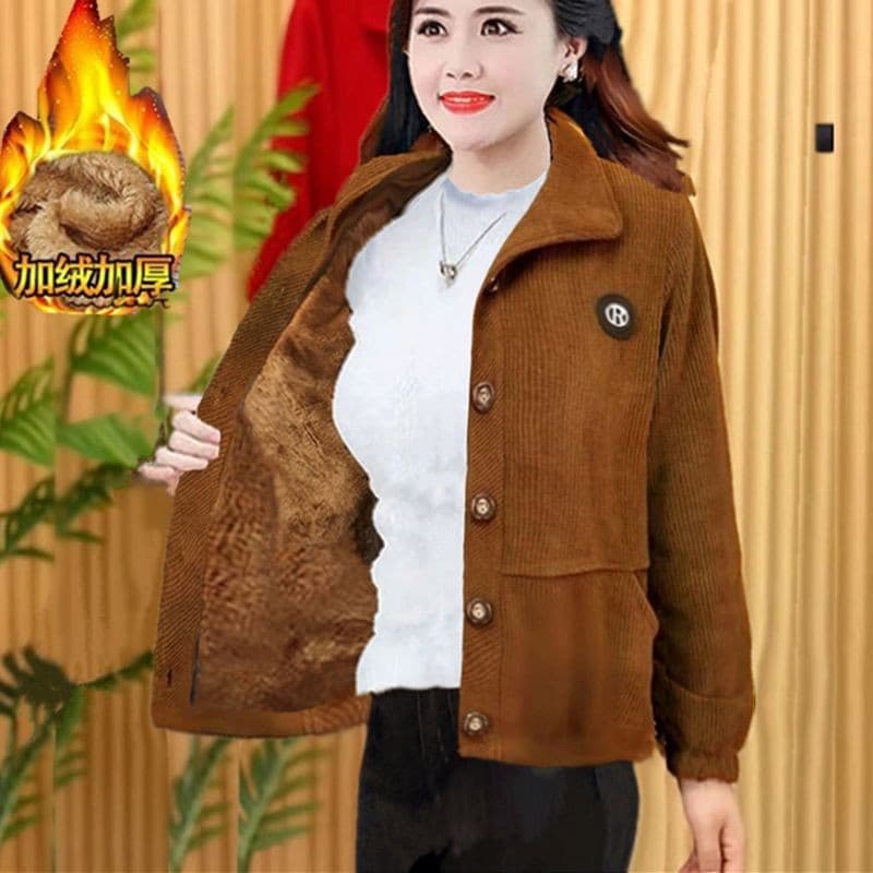 Women's fleece-lined corduroy coat for autumn and winter, youthful and flattering, concealing the tummy, thick and stylish for older women.
