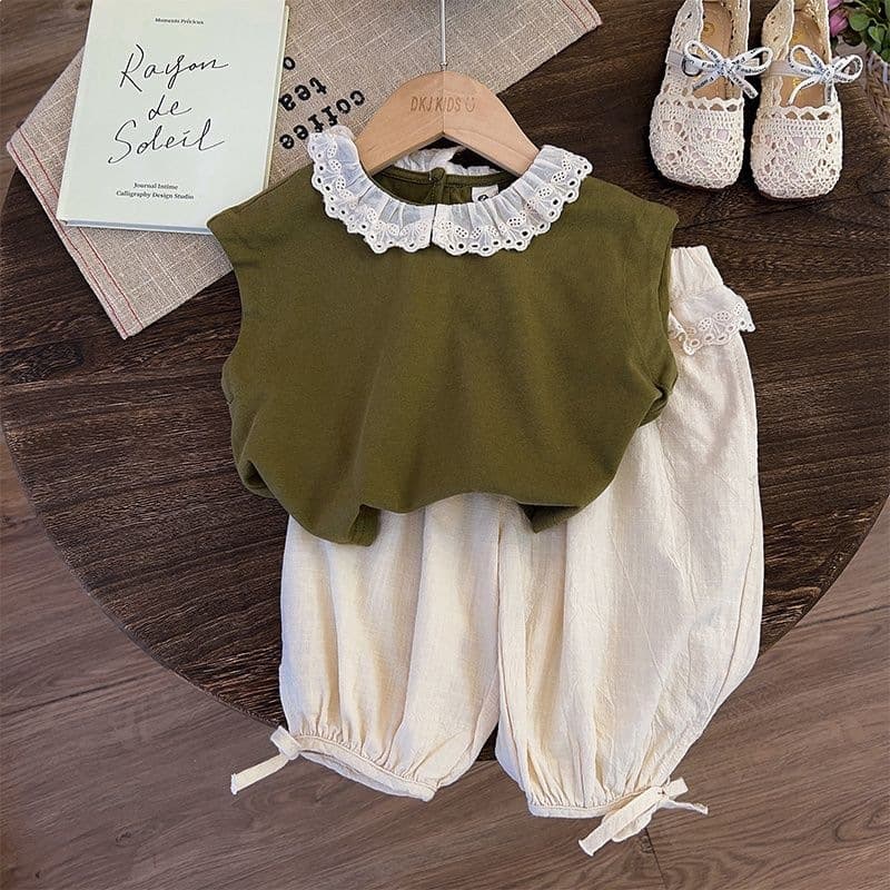 Girls new summer suit lace sleeveless shirt casual anti-mosquito bloomers two-piece set children summer thin