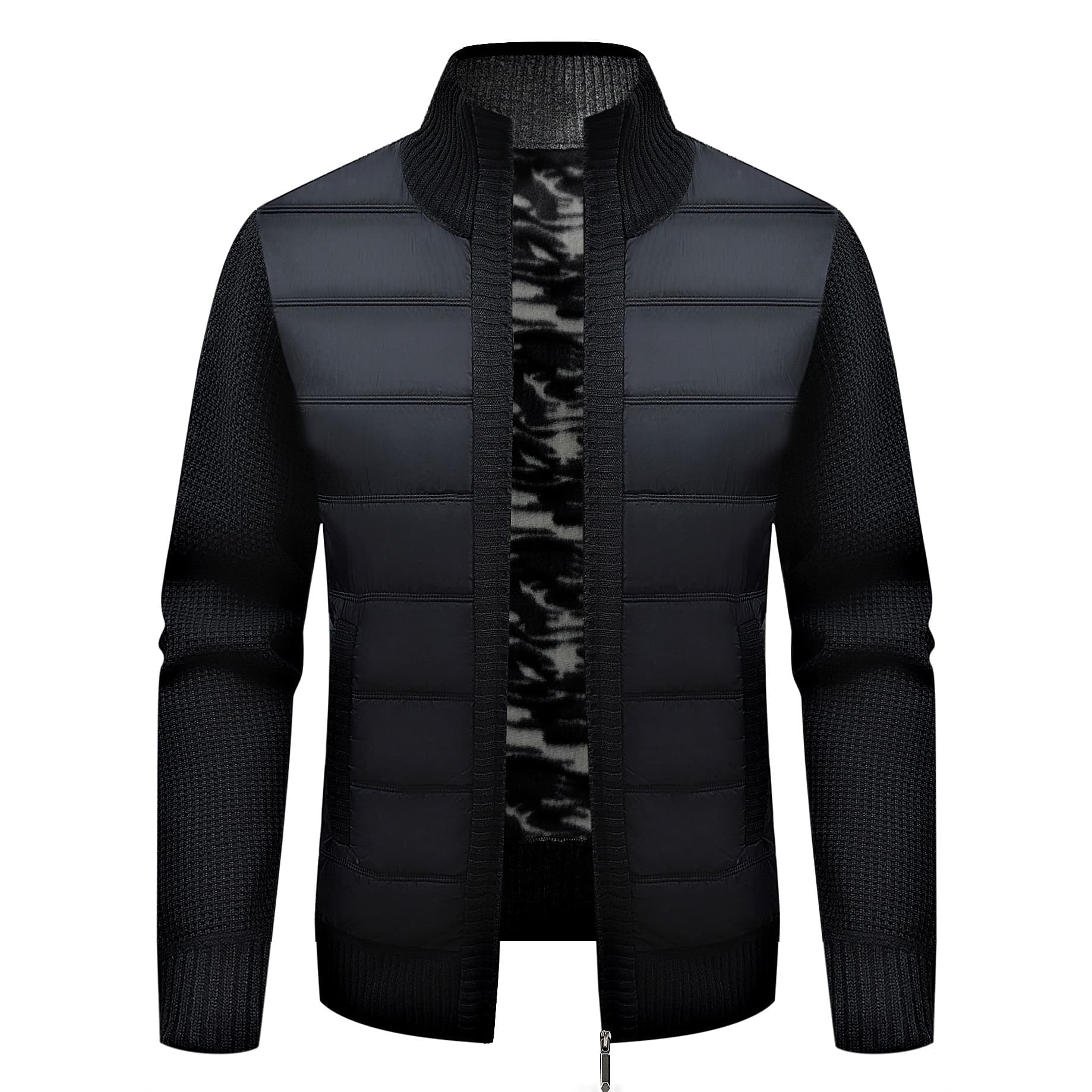 Foreign trade men's stand-up collar cotton-lined fleece-lined thickened long-sleeved color-blocked cardigan sweater trendy men's warm knitwear outerwear