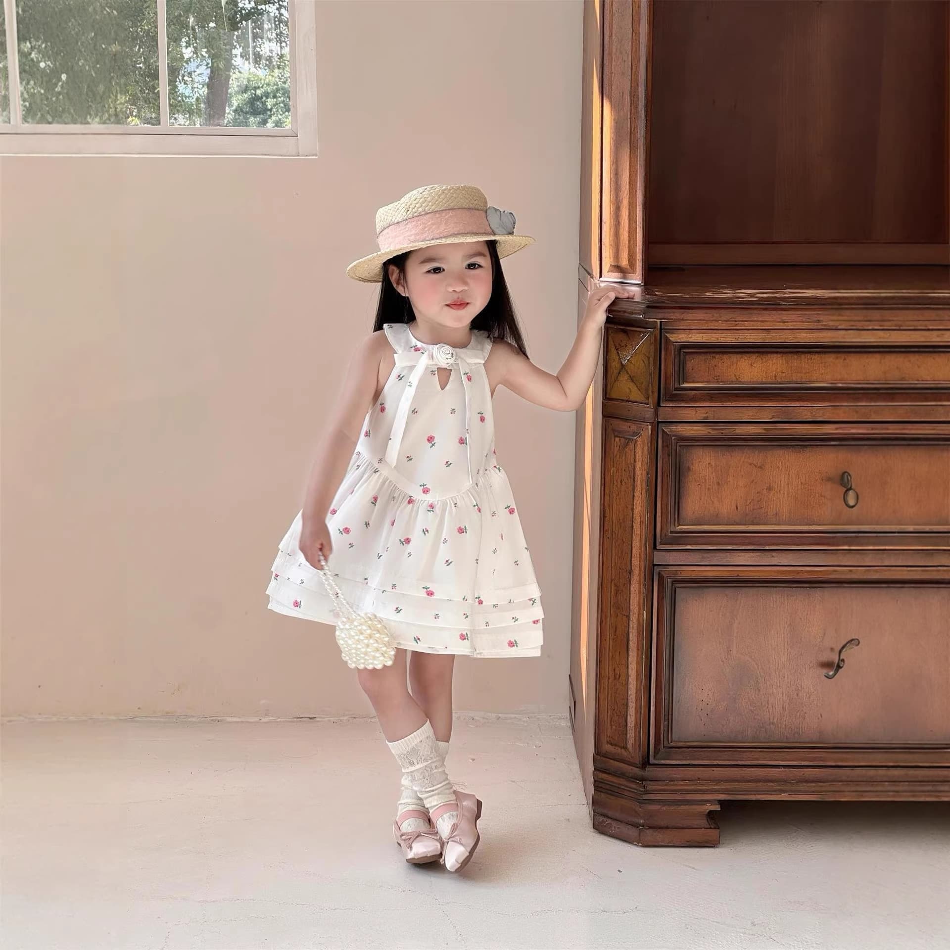 2026 Summer Girls Sweet Little Fragrance Full Printed Floral Suspender Halter Neck Layer Dress Flower Princess Tank Top