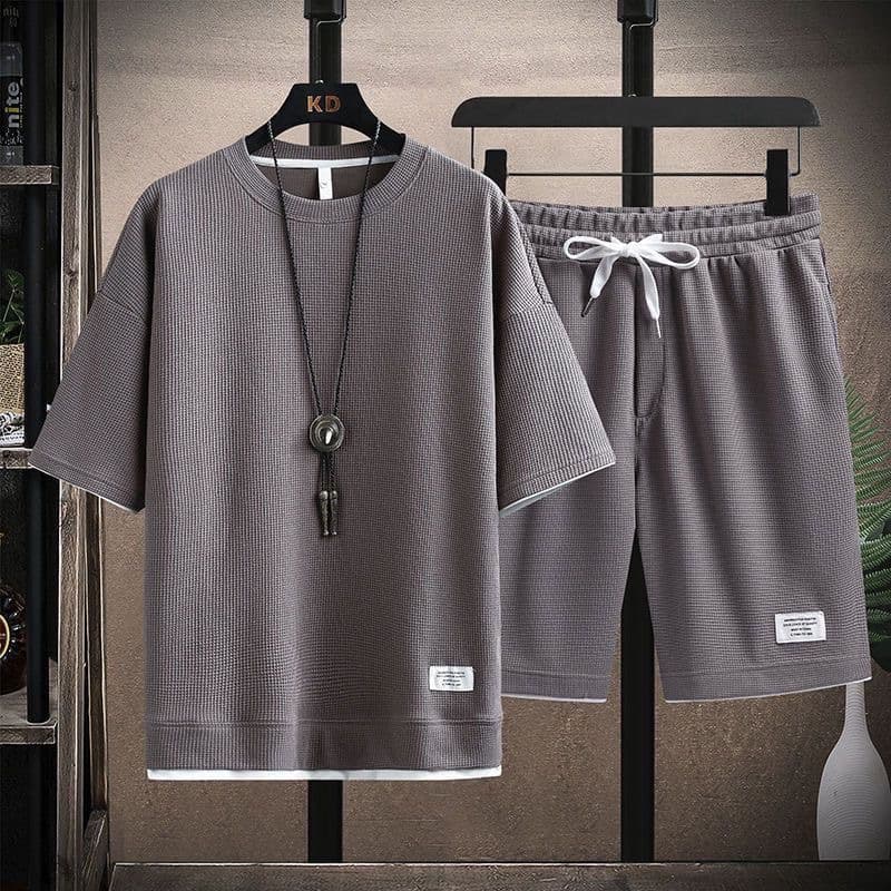 Waffle Men's Two-Piece Set, Hong Kong Style Couple Loose Plus Size Pants, Outdoor Casual Sportswear Set for Men