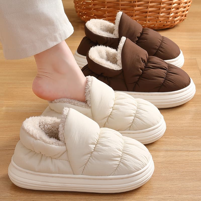 Women's Cotton Shoes Winter Down-Proof Fabric Waterproof Thick-Soled Warm Indoor Non-Slip Fleece-Lined Heel-Covering Slippers for Men