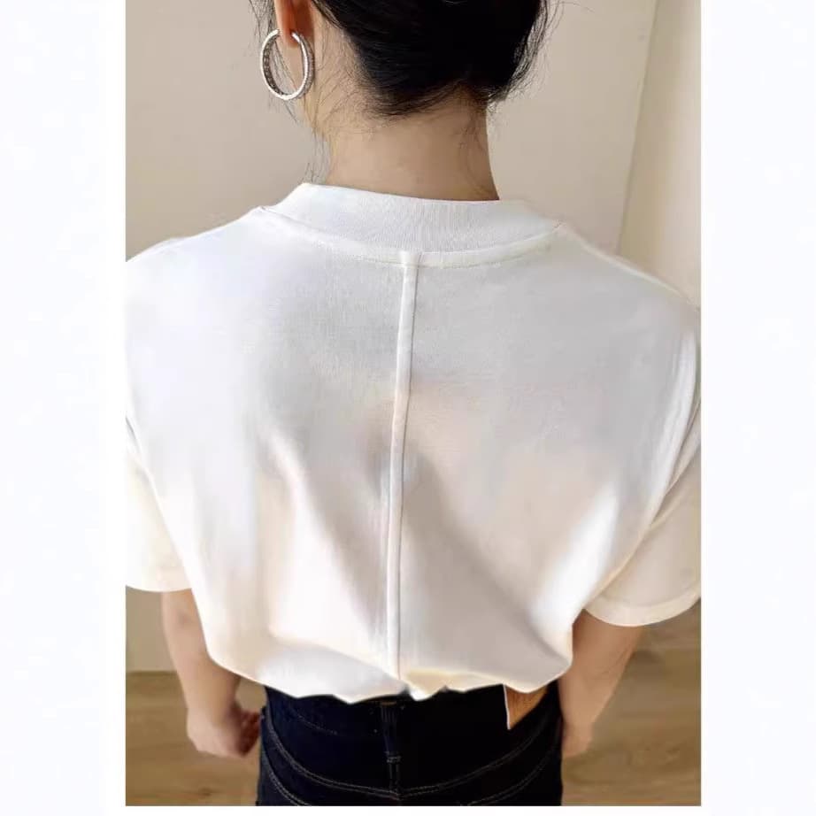 High-quality water-soft long-staple cotton ROW style simple half-high collar short-sleeved T-shirt, versatile high-quality French stitched top
