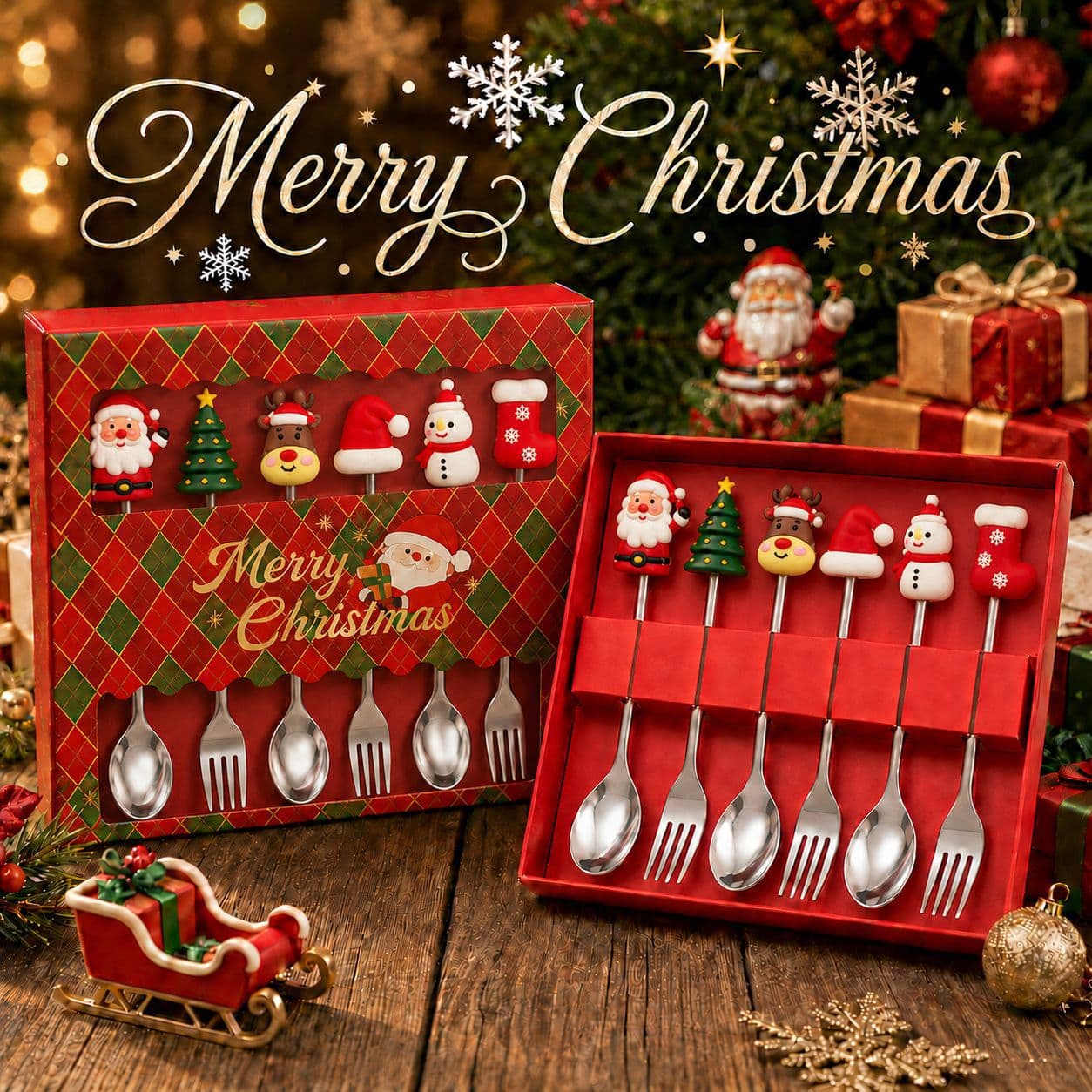 Cross-border Cute Christmas Set Spoon Stainless Steel Coffee Spoon Creative Stirring Spoon Fork Christmas Gift Box Tableware