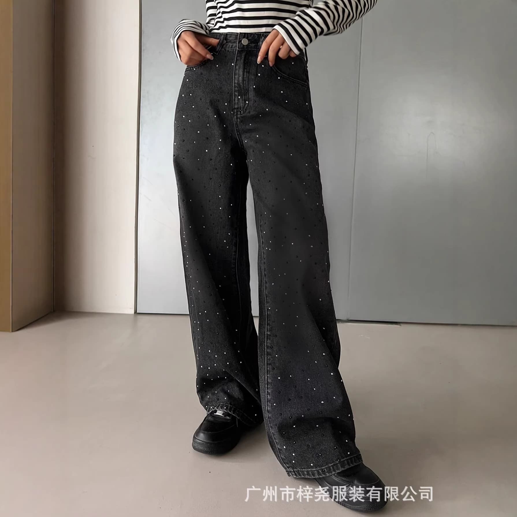 Black Rhinestone Jeans Women 25AW Beaded High-Waist Jeans Washed Slimming Wide-Leg Pants Women Wholesale