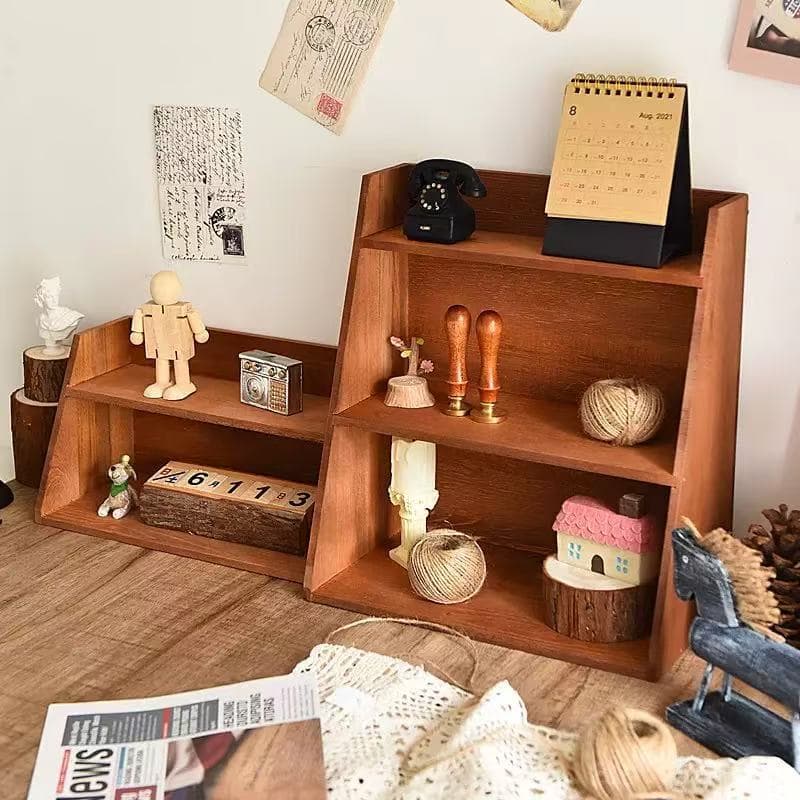 Solid Wood Desktop Storage Shelf, Vintage Office Organizer Box, Multilayer Wooden Cosmetics and Cup Holder Rack