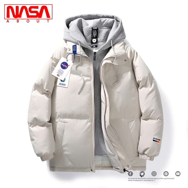 NASA Collaborative Thickened Cotton Jacket Youth High School Student Men's Winter Fashion Brand Durable Zipper Closure Hooded
