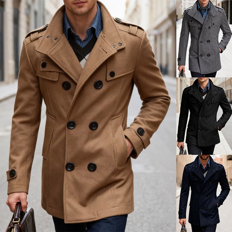 Cross-border Amazon New Fall/Winter Double-Breasted Wool Coat Slim Stand Collar Mid-Length Trench Coat for Men