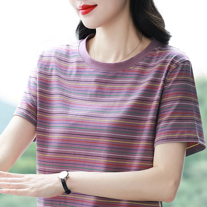 Kashun large size summer striped short-sleeved T-shirt women's round neck, slim, versatile, western style, casual pure cotton tops, trendy clothes