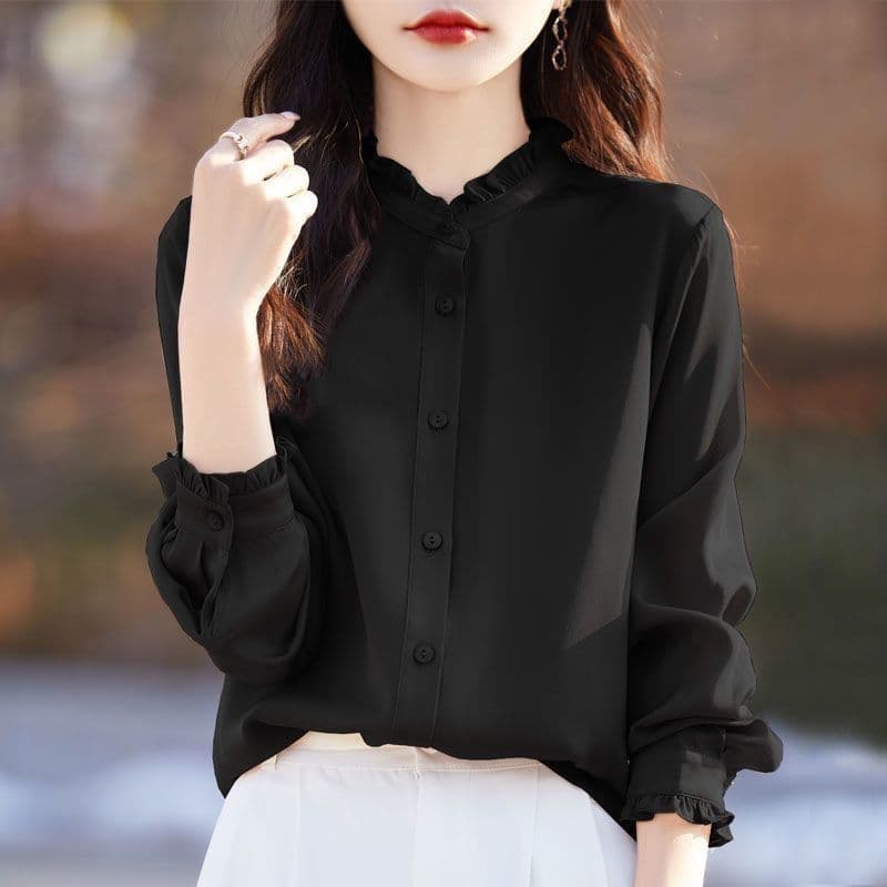 Elegant Ruffled Trim Shirt, Cardigan, Stand Collar, Stylish Long-Sleeved Top, Versatile