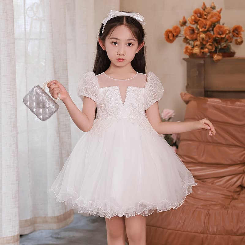 Medium Large Child Summer Puffy Tulle Princess Dress Little Girl Flower Girl Dress Sweet Puff Sleeve Hostess Dress