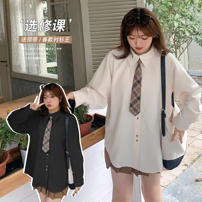 W976 Xuanchen Plus Size Korean Style College Style Youthful and Stylish Shirt, Early Spring New Arrival, Elegant Loose Top for Women