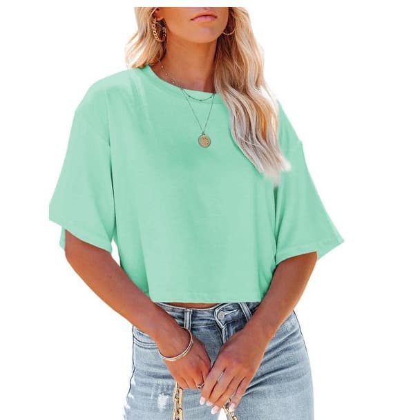 2023 Spring New Women's Solid Color Round Neck Short Sleeve Loose T-Shirt Short Crop Top Sexy Top