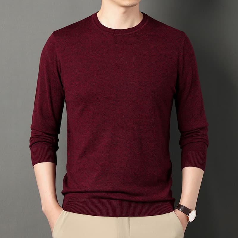 Cross-border Men's Knit Sweater Autumn Winter Round Neck Thin Pullover Solid Color with Wool Long Sleeve Base Layer