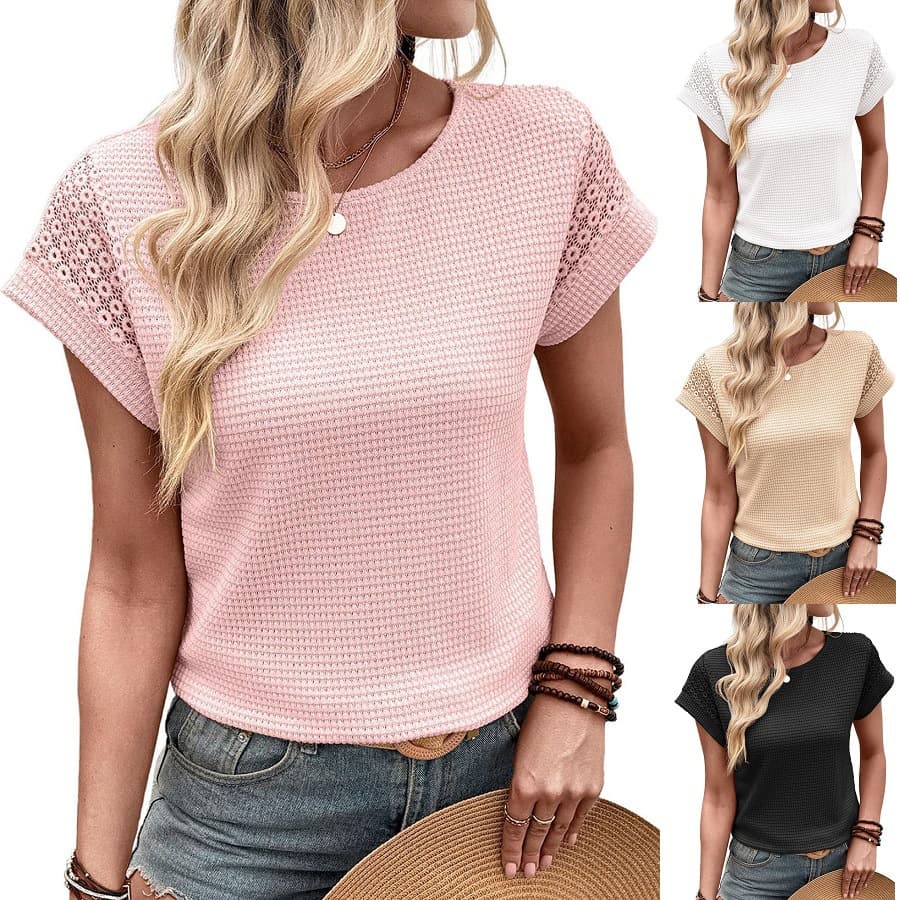 2026 New Cross-border Amazon Europe and US Summer Women's Round Neck Waffle Knit Lace Hollow Short Sleeve T-shirt