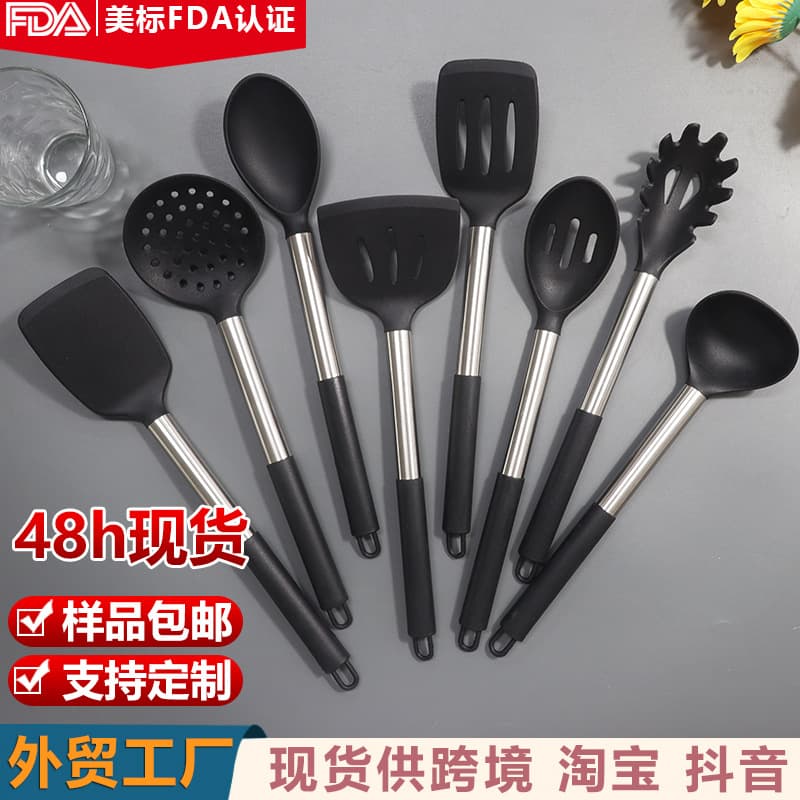 Cross-Border Silicone Spatula and Soup Spoon, Non-Stick Cookware Silicone Spatula, Anti-Slip and Heat-Resistant Stainless Steel Silicone Kitchen Utensils Wholesale