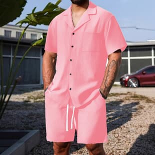 2025 Multi-Color Versatile New Men's Summer Cotton Linen Bubble Solid Short Sleeve Shirt Set Loose Casual Button