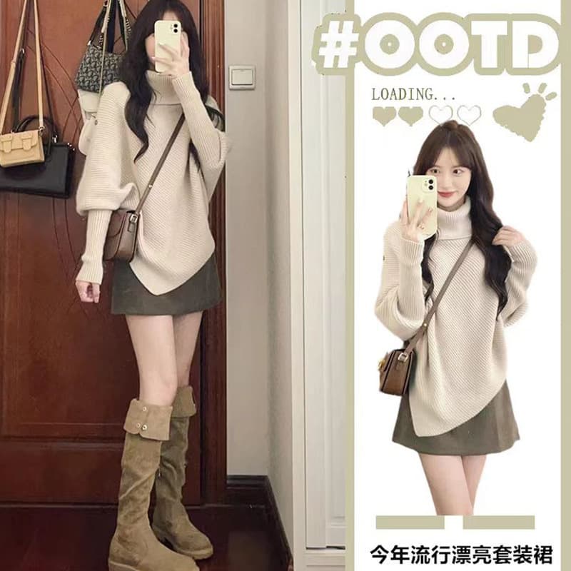 2025 Autumn New Maternity Wear Set: Age-Reducing High-Neck Sweater + Support Skirt Two-Piece Set